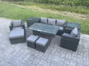 Fimous 5 Seater Dark Grey Outdoor Garden Patio Rattan Dining Sofa Complete Set with 2 Stools and Big Footstool