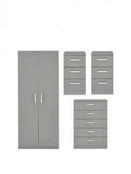 Sanford High Gloss Ready Assembled 4 Piece Package - 2 Door Wardrobe, Chest Of 5 Drawers And 2 Bedside Chests