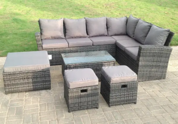 Fimous 6 Seater Outdoor Dark Grey High Back Rattan Lounge Complete Sofa Set with Oblong Coffee Table, 2 Stools and Big Footstool