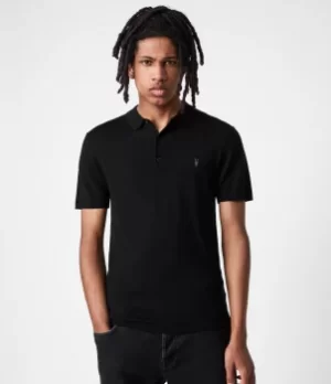 AllSaints Mens Premium Merino Wool Slim Fit Mode Short Sleeve Polo Shirt, Black, Size: M