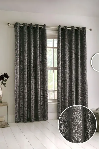 Enhanced Living Halo Metallic Thermal Blockout Eyelet Curtains Charcoal