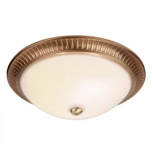 2 Light Flush Ceiling Light Antique Brass, Acid Glass, E14