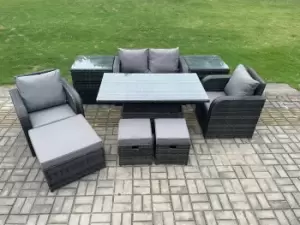 Fimous 4 Seater Outdoor Dark Grey Rattan Lounge Complete Sofa Set with Adjustable Table, 2 Side Tables, 2 Stool and Big Footstool