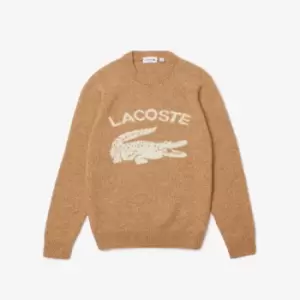 Lacoste Mens Branded Contrast Crocodile Blend Alpaca Sweater Size 6 - XL Beige / White