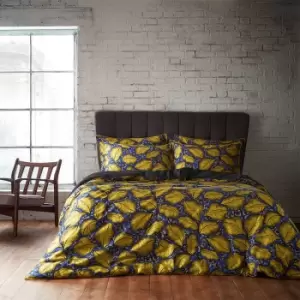 Magali Tropical Printed Cotton Sateen Piped Duvet Cover Set Ochre, Ochre / King