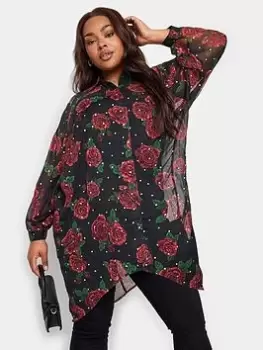 Yours Extreme Dip Back Rose Print Shirt - Black, Size 18, Women