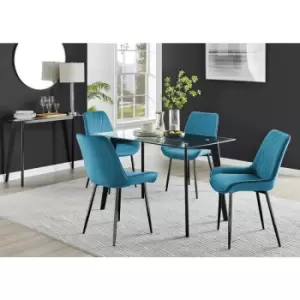 Furniturebox Malmo Rectangular Glass and Black Wooden Leg Modern Industrial Dining Table & 4 Blue Pesaro Black Leg Velvet Chairs