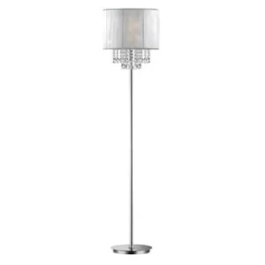 Opera 1 Light Floor Lamp Chrome, White, Clear with Crystals and White Shade, E27