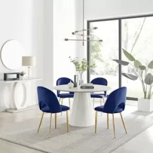 Furniturebox UK - Furniturebox Palma Beige Stone Effect Round Dining Table & 4 Blue Arlon Velvet Dining Chairs With Gold Legs