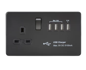 KnightsBridge Screwless 13A switched socket with quad USB charger (5.1A) - Matt Black