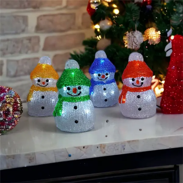 Set of 4 Acrylic Outdoor/Indoor Christmas Snowmen Battery Powered with Timer and 8x4 LED Light's ELV-046758