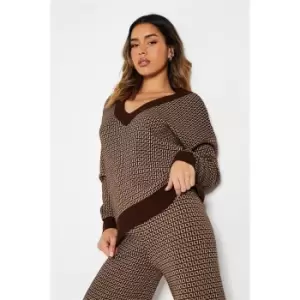 I Saw It First V Neck Monogram Knit Jumper - Brown