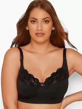 Yours Clothing Black Non Wired Cotton Lace Trim Bra, Black, Size 42D, Women