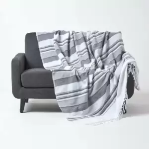 Cotton Morocco Striped Monochrome Throw, 225 x 255cm - Grey - Homescapes