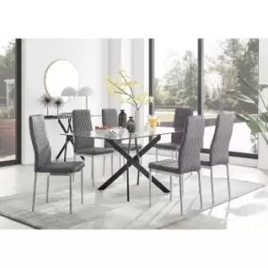 Furniturebox UK - Furniturebox Leonardo 6 Black Leg Glass Dining Table and 6 Grey Milan Velvet Dining Chairs Diamond Stitch Modern Contemporary