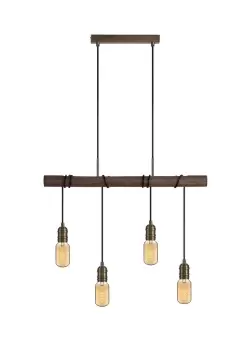 Pendant, 4 x E27, Medium Oak, Antique Brass