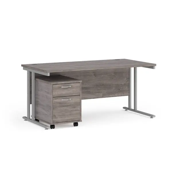 Maestro 25 Straight Desk with Silver Cantilever Frame and 2 Drawer Pedestal - Grey Oak - 1600mm x 800mm