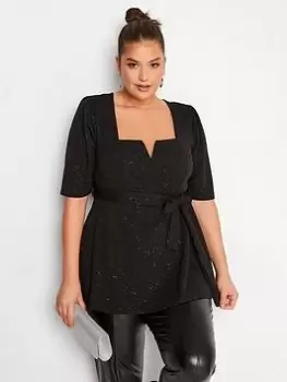 Yours Party Notch Neck Peplum Top - Black, Size 30-32, Women