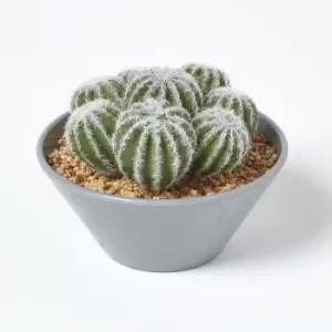 HOMESCAPES Artificial Barrel Cactus Arrangement in Round Grey Pot, 17cm Tall - Green