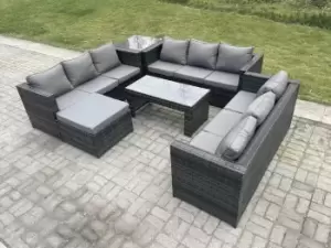 Fimous 9 Seater Outdoor Dark Grey Rattan Garden Furniture Lounge Sofa Set with Oblong Rectangular Coffee Table, Side Table and Big Footstool