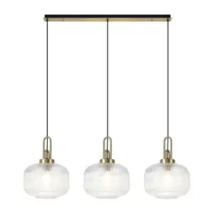 Luminosa Linear 3 Light Pendant E27, Brass Gold, Matt Black With 30cm Round Ribbed Clear Glass