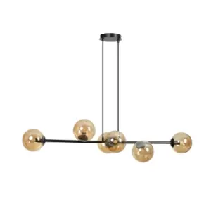 Rossi Black Globe Pendant Ceiling Light with Amber Glass Shades, 6x E14