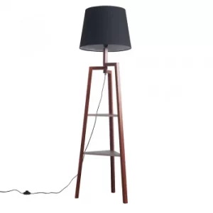 Towa Dark Wood Tripod Floor Lamp with Shelves and XL Black Aspen Shade