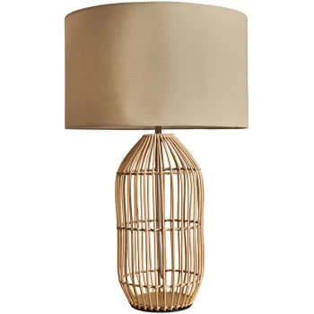Large Natural Rattan Table Lamp With Fabric Lampshade - Beige - No Bulb