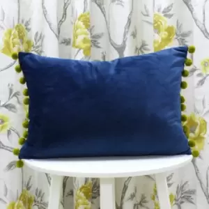 Riva Paoletti Fiesta Velvet Pom Pom Fringe Cushion Cover, Indigo/Olive, 35 x 50 Cm