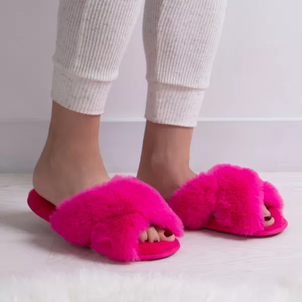 totes Plush Faux Fur Bright Pink Cross Over Sliders Pink