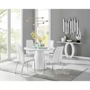 Furniture Box Palma White High Gloss Round Dining Table and 4 White Isco Chairs