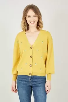 Mustard Knitted Embroidered Daisy Cardigan