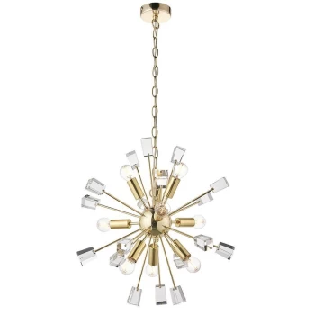 Miro 9 Light Ceiling Pendant Satin Brass & Clear Crystal Glass, E14