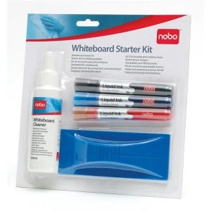 Nobo Whiteboard Starter Kit Includes 3 Drymarkers BlackBlueRed An Eraser Eraser Refills and 125ml Cleaning Fluid