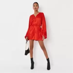 Missguided Balloon Slv Button Playsuit - Red