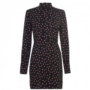 Bardot Tie Neck Mini Dress - Red Blk Spot