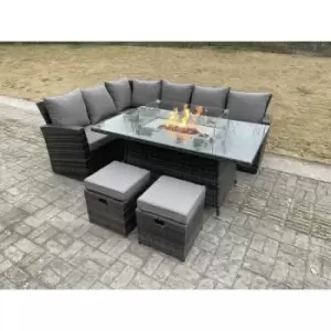 Fimous 6 Seater Outdoor Dark Grey Rattan Lounge Complete Sofa Set Left Side with Gas Fire Pit Table and 2 Stools