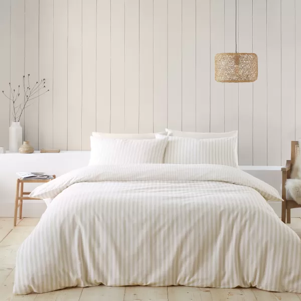 Catherine Lansfield Reversible Stripe 100% Brushed Cotton Duvet Cover & Pillowcase Set Natural