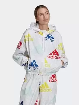 adidas Essentials Multi-colored Logo Loose Fit Windbreaker, Dark Grey Size XS Women