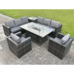 Fimous 8 Seater Outdoor Dark Grey Rattan Lounge Sofa Complete Set with Gas Fire Pit Dining Table, Gas Heater and Side Table