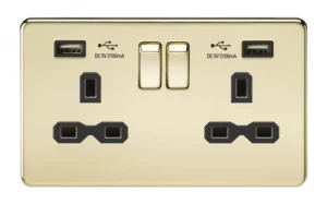KnightsBridge 13A 2G Screwless Polished Brass 2G Switched Socket with Dual 5V USB Charger Ports - Black Insert