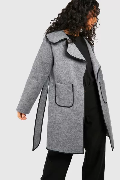 Contrast Detail Belted Wool Look Coat