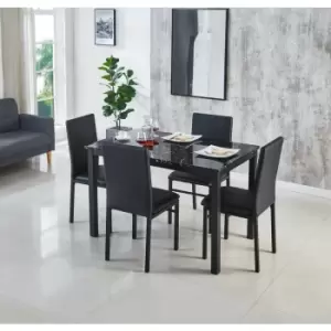 Emillia MDF Gloss Finish Dining Table 120cm with 4 Faux Leather Chairs in Black - Black