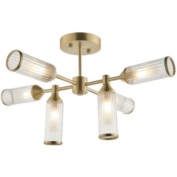 Merano Trieste 6 Light Ceiling Semi Flush Satin Brass Plate With Clear & Frosted Glass