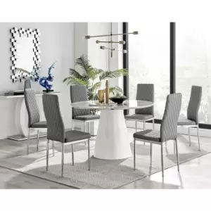 Furniturebox Palma White Marble Effect 120cm Round Minimalist Dining Table & 6 Grey Milan Chrome Leg Faux Leather Chairs