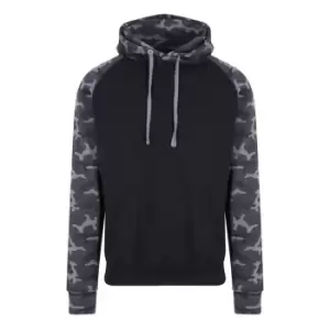 Awdis Just Hoods Adults Unisex Two Tone Hooded Baseball Sweatshirt/Hoodie (L) (Solid Black/ Black Camo)