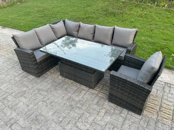 Fimous 7 Seater Outdoor Dark Grey PE Rattan Lounge Complete Sofa Set with Adjustable Table