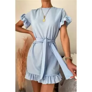 I Saw It First Baby Blue Tie Waist Frill Detail Dress - Blue