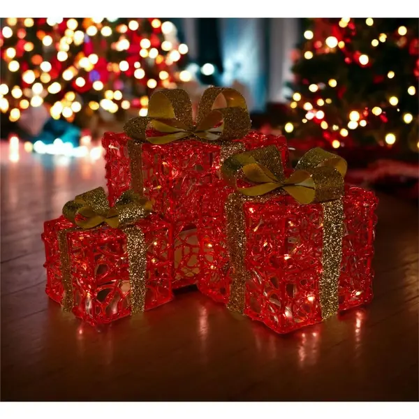 Set of 3 LED Light Up Christmas Gift Present Box Decoration Battery Operated With Timer 8 Patterns and 60 LED's - Red ELV-782901