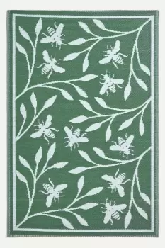 Green Floral Outdoor Rug with Bumble Bee Design, 182 x 122 cm